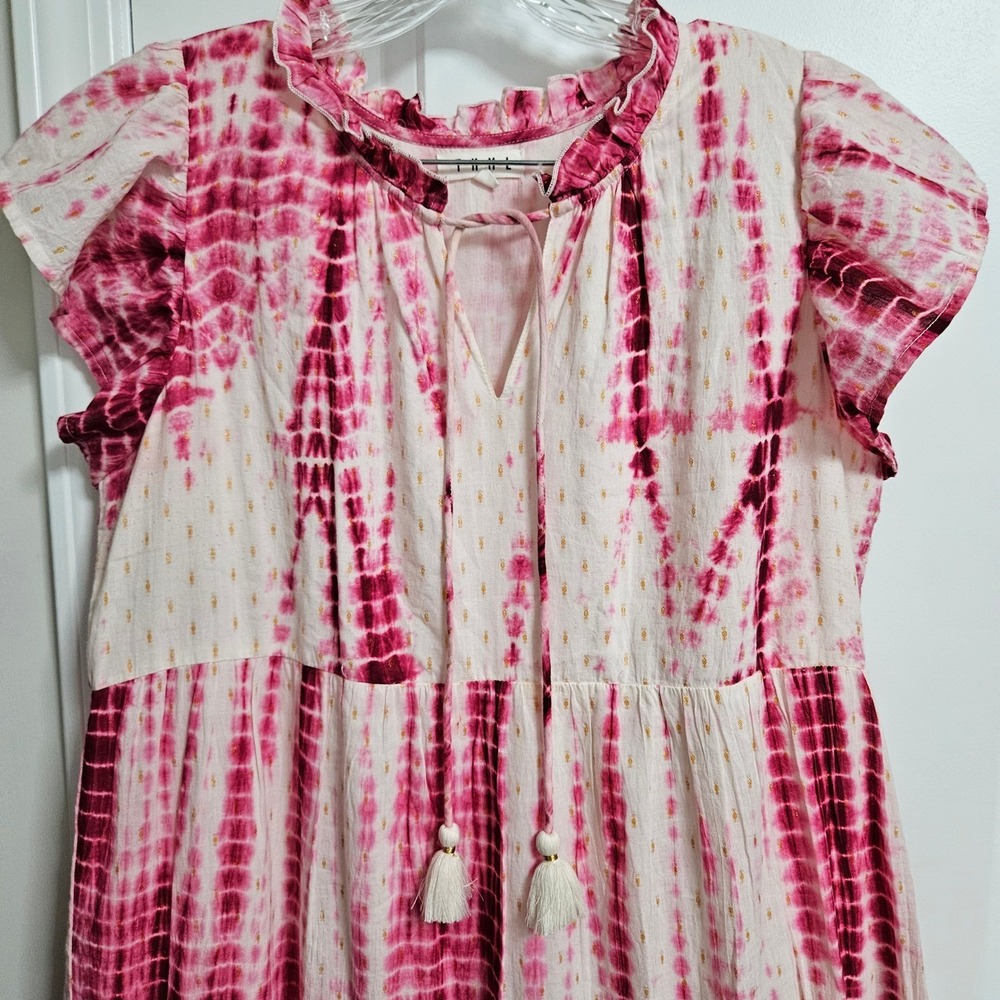 THML Anjuna Tie Dye Maxi Dress Womens Large Pink Tiered Metallic Tassel Boho - Picture 5 of 12